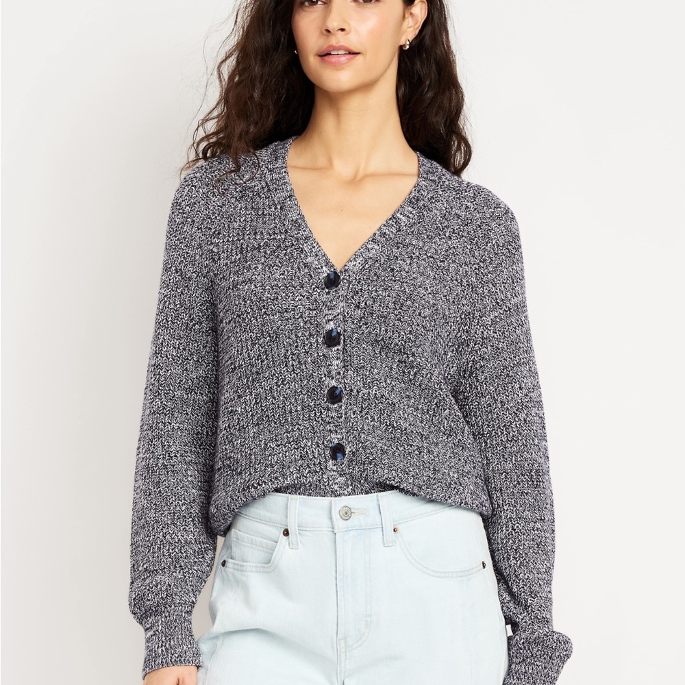 Old Navy Women's blue and speckled white v-neck shaker stitch sweater. Small tal